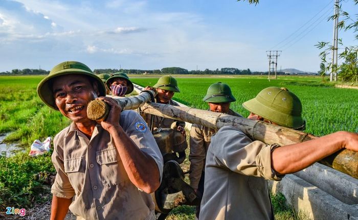  "Vận chuyển máy bơm là công đoạn vất vả nhất. Máy nặng và cồng kềnh, đường vào khu ruộng lại khó đi. Công nhân phải khiêng máy di chuyển liên tục giữa thời tiết nắng gắt", ông Phạm Hải Thành, Giám đốc chi nhánh Thủy lợi Đông Sơn, nói. 