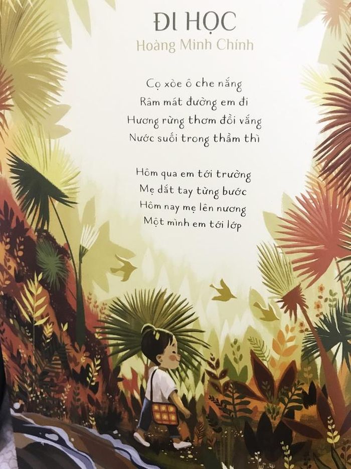  Một trang thơ với hình minh họa ngộ nghĩnh trong Thả diều trên đê. Ảnh: Huy Hoàng Bookstore. 