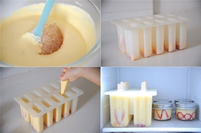 Cuối cùng thêm bột báng đã để ráo nước vào trộn đều. Cho xoài và dâu tây thái hạt lựu vào khuôn. Cho kem đã trộn vào túi bắt kem rồi bắt vào khuôn kem, đóng nắp và chèn que kem vào. Để khay kem trong ngăn đá tủ lạnh cho đến khi kem đông cứng lại là được.