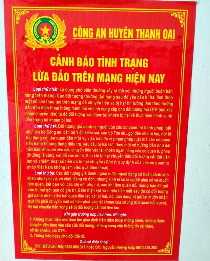  Bảng cảnh báo được Công an huyện Thanh Oai dán ở 150 điểm công cộng. Ảnh: Công an cung cấp. 
