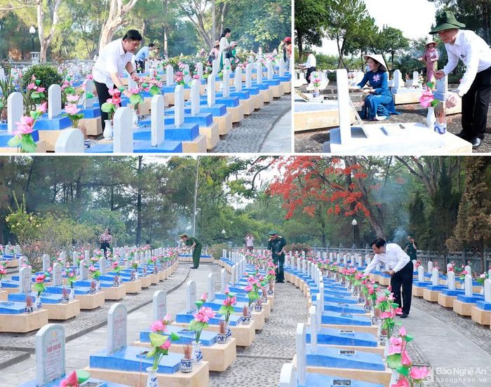 Bí thư Tỉnh ủy Thái Thanh Quý và các thành viên đoàn công tác dâng hương tại các phần mộ liệt sỹ quê Nghệ An ở Nghĩa trang liệt sỹ Quốc gia Trường Sơn và Nghĩa trang liệt sỹ Quốc gia Đường 9. Ảnh: Thành Duy