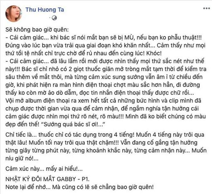 Theo đõ, MC Thu Hương khiến nhiều người phải bàng hoàng khi tiết lộ chuyện bị bệnh nặng về mắt. Cô cho biết, bác sĩ khuyên mổ nếu không cô có khả năng sẽ bị mù cả hai mắt.