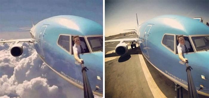  Bức hình phi công selfie khi đang bay trên trời (trái) là sản phẩm của công nghệ cắt ghép ảnh. Sự thật thì chiếc máy bay đã hạ cánh an toàn khi người phi công chụp ảnh. 