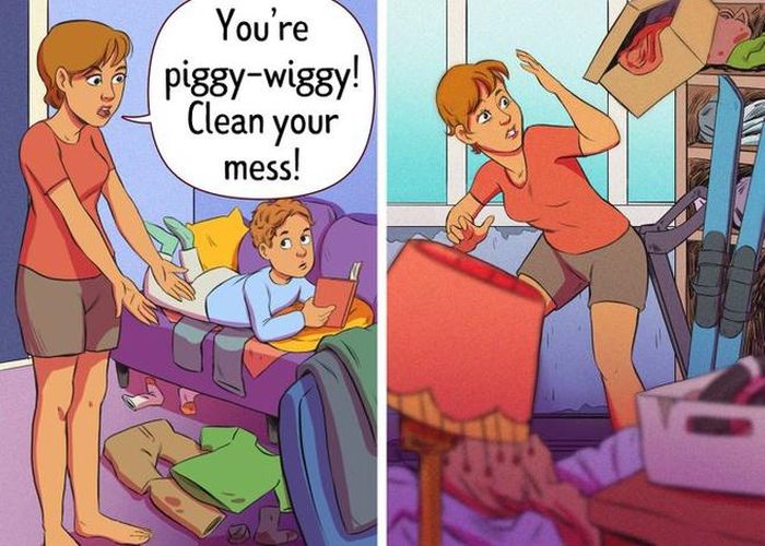 Cha mẹ khuyến khích con tự dọn phòng, sống ngăn nắp nhưng chính mình lại sống bừa bộn trong hàng năm trời. Ảnh: Brightside.