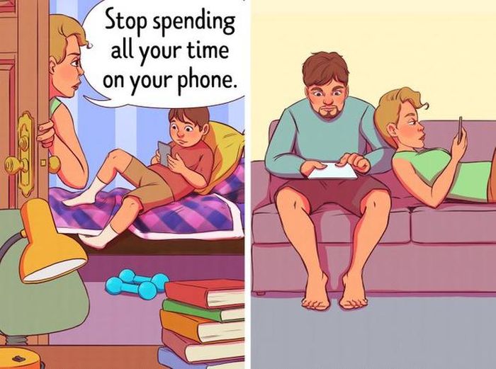 Phụ huynh cấm con dùng điện thoại và máy tính bảng nhưng họ lại dành hết thời gian rảnh để dán mắt vào màn hình. Ảnh: Brightside.
