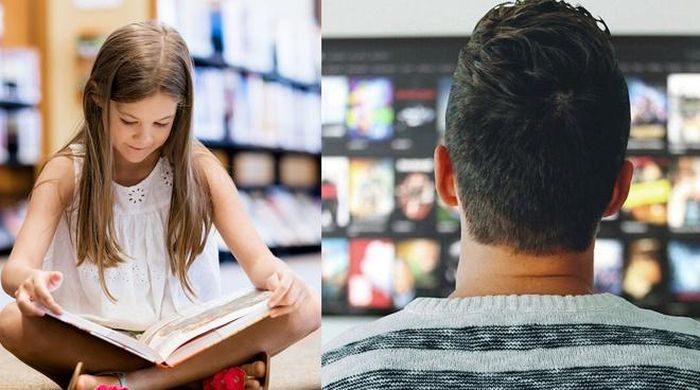 Họ yêu cầu con đọc sách nhiều trong khi mình lại xem TV hàng tối. Ảnh: Romper.