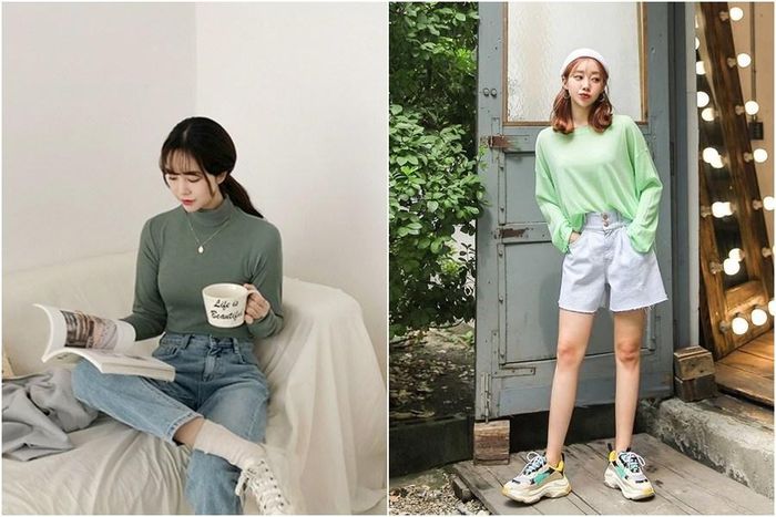 Ngoài ra, bạn có thể chọn tông xanh jeans để đi cùng xanh lá. Combo trang phục mang tông màu này sẽ giúp người mặc tôn nét khỏe khoắn và năng động.