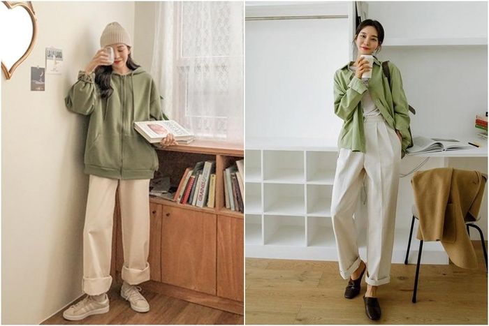 Xanh lá be là cặp màu mang đến cho chị em vẻ ngoài trẻ trung và sành điệu. Không cần mix match cầu kì, những món đồ đơn giản nhất cũng đủ giúp bạn thăng hạng phong cách với sắc màu này. 