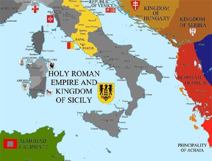 Đất của Giáo hoàng (Papal States) bị bao vây bởi lãnh thổ Đế chế La Mã thần thánh dưới thời Frederick II.