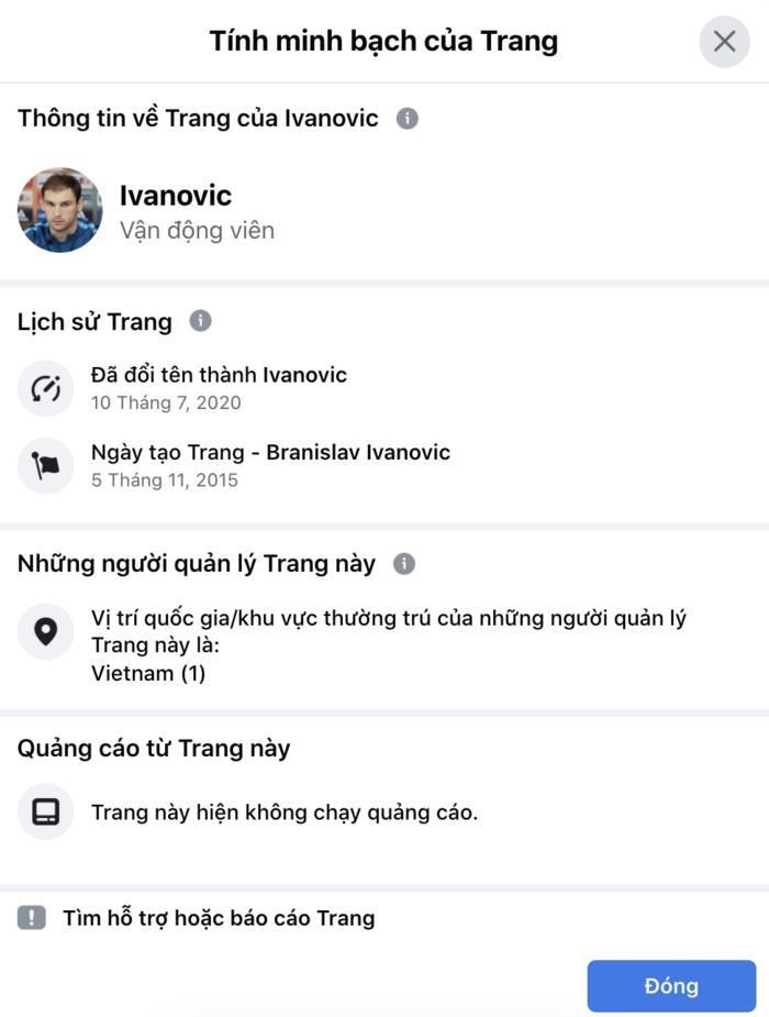 Facebook của Ivanovic đang được quản lý bởi một người thường trú tại Việt Nam.