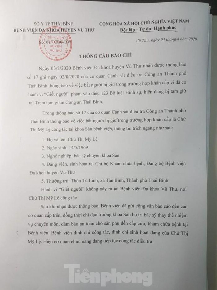 Bệnh viện Đa khoa huyện Vũ Thư đã đình chỉ công tác và sinh hoạt đảng của vị phó khoa có hành vi đầu độc cháu nội - Ảnh: Hoàng Long