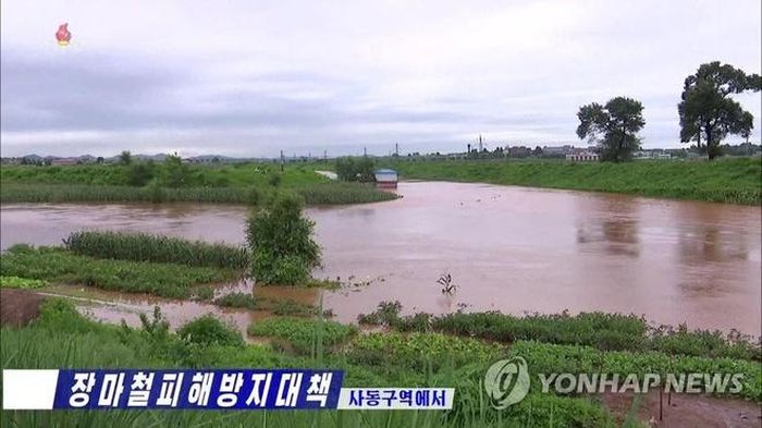 Đất nông nghiệp ở huyện Sadong, phía đông Bình Nhưỡng bị ngập lụt sau mưa lớn. Ảnh: KCTV/Yonhap.