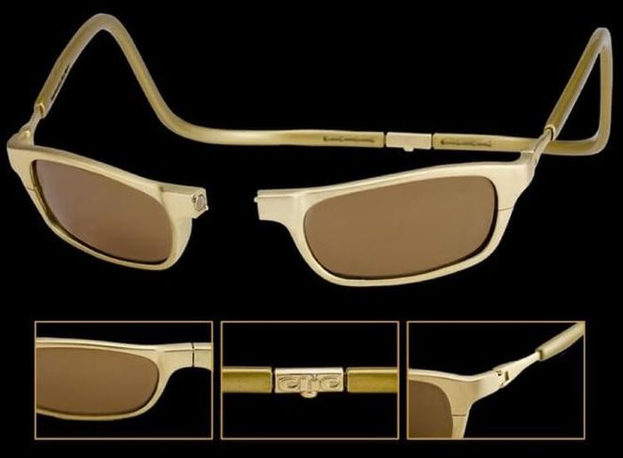 Chiếc kính đắt nhất thế giới được tạo ra bởi nhà thiết kế đồ trang sức nổi tiếng Hugh Power. Sau đó, thương hiệu Clic Gold đã bán thiết kế làm bằng vàng 18K với giá 75.000 USD. Món phụ kiện sử dụng hệ thống kết nối từ tính phía trước và có nhiều phần mở rộng để phù hợp với mọi người. Một chốt vàng nguyên khối được sử dụng thay cho vít giữ bản lề cố định. Nếu không đeo, bạn có thể diện nó như món đồ trang sức quanh cổ. Mỗi chiếc kính mất hơn 50 giờ để làm thủ công. Khi đó, hãng cũng cho biết đơn từ khách hàng thường được xử lý trong 6-8 tuần. Ảnh: boxnewsbox.
