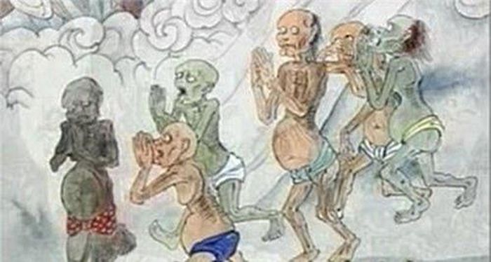 7. Ngạ quỷ (Ma đói): Đối với người Ấn Độ, ngạ quỷ là những linh hồn chết đói nhưng lại không thể ăn. Đây chính là những kẻ vô cùng hẹp hòi, keo kiệt, ích kỷ, cư xử ác độc khi còn sống với người khác nên không được siêu sinh. Chúng có cái bụng to, cổ nhỏ và gương mặt quái dị, hung dữ. Ngạ quỷ là những linh hồn chết đói nhưng lại không thể ăn. Ngạ quỷ thường đi phá phách người trần và chỉ được ăn cơm vào ngày Rằm tháng 7 - ngày xá tội vong linh.