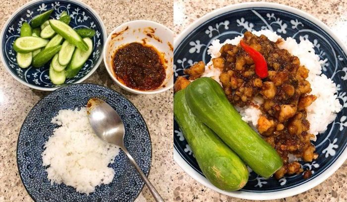 Bên cạnh những bữa cơm thịnh soạn, ông xã Tăng Thanh Hà là Louis Nguyễn còn "nghiện" món dân dã như thế này: mắm ruốc thịt ăn kèm dưa leo.