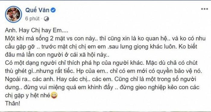 Quế Vân dằn mặt những người thích phá hạnh phúc của cô.