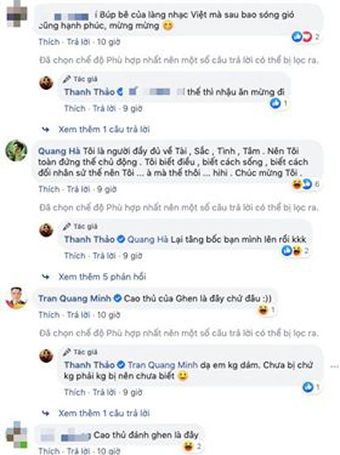 Quan điểm của Thanh Thảo nhận được sự đồng tình của đông đảo cư dân mạng, trong đó có BTV Quang Minh, ca sĩ Quang Hà.