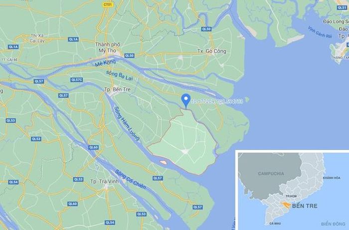 Sông Ba Lai (chấm xanh) chảy qua huyện Ba Tri, Bến Tre. Ảnh: Google Maps.
