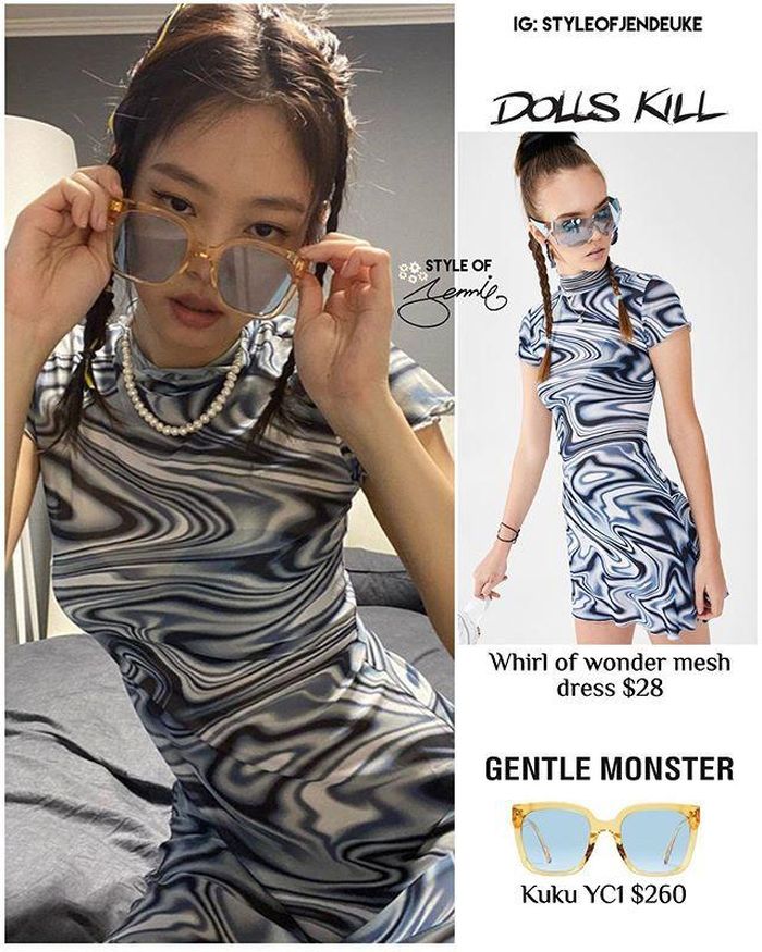 Lần khác, Jennie khoe dáng thon gọn trong thiết kế váy bó sát, họa tiết cá tính của nhãn hiệu Dolls Kill. Cô khiến chiếc váy 28 USD trở nên sang trọng hơn khi đeo thêm vòng cổ ngọc trai và mẫu kính Gentle Monster Kuku. Ảnh: @styleofjendeuke.