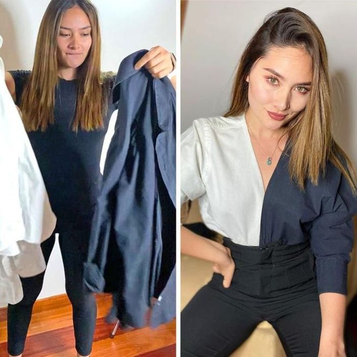  Cô gái Colombia chia sẻ trên trang cá nhân: "Bạn nên chấp nhận rủi ro, phá vỡ quy tắc, giữ thái độ vui vẻ dù phạm sai lầm. Lần này, tôi kết hợp 2 chiếc áo sơ mi nam để may ra áo sơ mi cổ V hợp thời mà không cần dùng máy may". Ảnh: @michellemacia. 