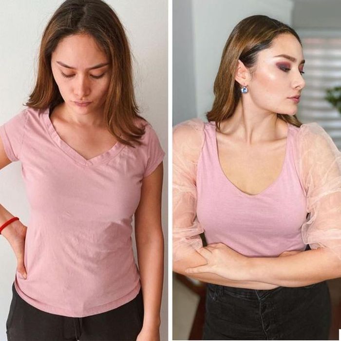 Michelle Macia khiến cho chiếc áo phông đơn giản bớt nhàm chán bằng cách may thêm phần tay từ vải voan bồng bềnh. Cô quan niệm: "Sống tối giản để tận hưởng nhiều hơn". Ảnh: @michellemacia. 