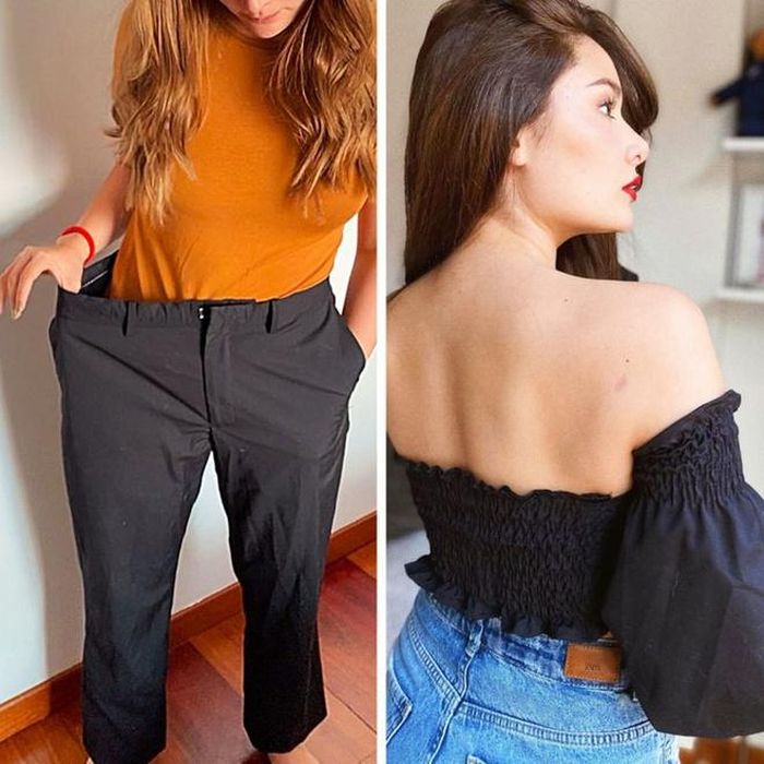  Về các sản phẩm của Michelle Macia, Bright Side nhận xét: "Cô ấy mang đến 'cuộc sống' mới cho quần áo cũ". Trên ảnh, cô cắt may chiếc quần vải không còn mặc được do rộng thành áo trễ vai sành điệu. Ảnh: @michellemacia. 