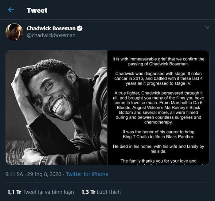 Thông tin Chadwick Boseman được đăng tải trên mạng xã hội Twitter