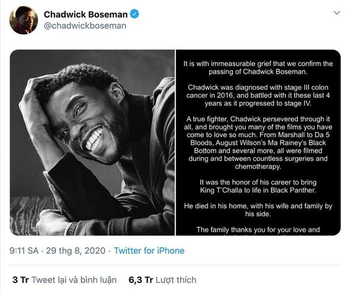 Bài viết thông báo sự ra đi của Boseman đạt hơn 6,3 triệu lượt thích trên Twitter. Ảnh: Chụp màn hình.