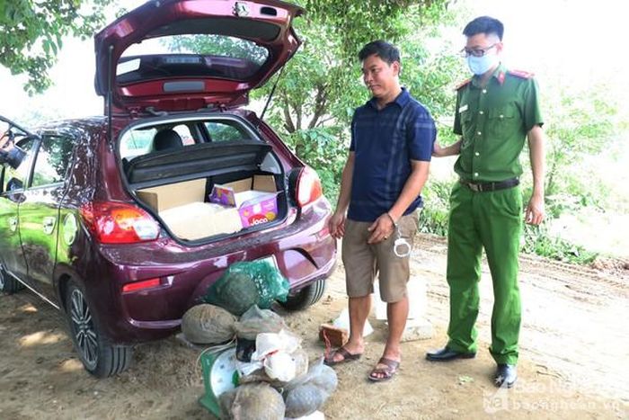 Đối tượng Nguyễn Đình Sỹ cùng tang vật tại hiện trường là 6 cá thể tê tê. Ảnh: Mạnh Cường
