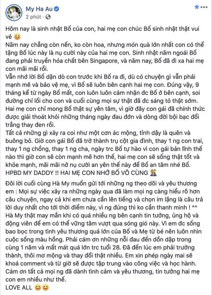 Âu Hà My chia sẻ trên mạng xã hội