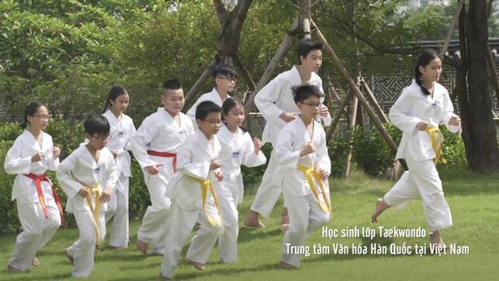 Các em học sinh lớp Taekwondo thuộc Trung tâm Văn hóa Hàn Quốc tại Việt Nam biểu diễn Taekwonmu