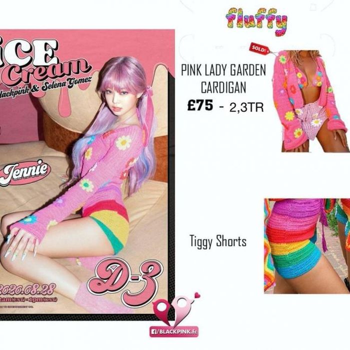  Khi mới tung teaser cho MV Ice Cream, trang phục của thành viên nhóm BlackPink đến từ thương hiệu Fluffy gồm cardigan, tiggy shorts trở thành là mục tiêu tìm kiếm của người hâm mộ và các tín đồ thời trang. Ảnh: BP Vietnam FC. 