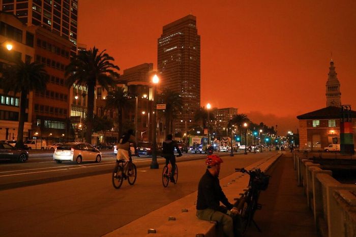  Trên đường, ôtô vẫn bật đèn pha. Dù là ban ngày, tòa nhà văn phòng ở San Francisco vẫn sáng đèn như giữa đêm. Những tòa cao ốc bị bao phủ trong không gian dày đặc khói trộn lẫn với sương mù. Trên khắp khu vực Northern California, những chùm khói khổng lồ thổi qua chân núi Sierra Nevada, bốc lên cuồn cuộn và bay cao, che khuất cả Mặt Trời. Ảnh: NYT. 