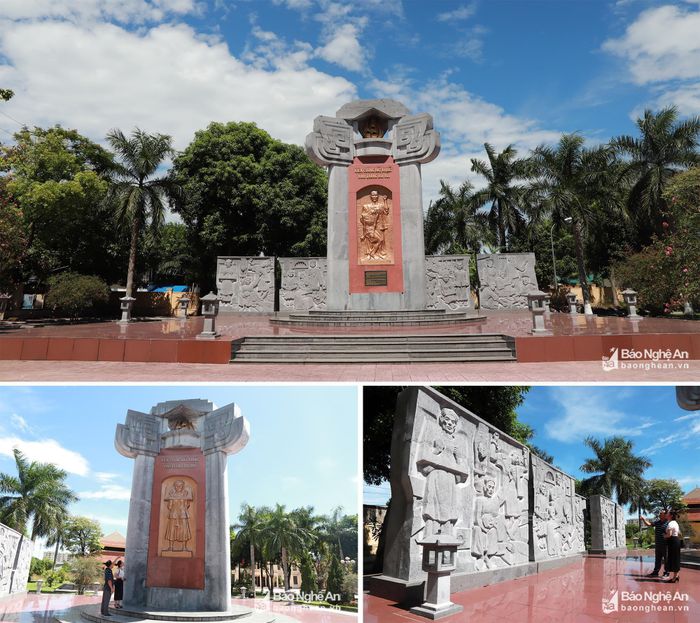 Đài tưởng niệm Nhà lao Vinh tại khuôn viên Bảo tàng Xô viết Nghệ -Tĩnh. Hai ảnh dưới: Trên đài tưởng niệm khắc dòng chữ thể hiện khí tiết kiên trung của những người cộng sản; Phù điêu minh họa hình ảnh đấu tranh bất khuất của chiến sỹ cách mạng, quần chúng yêu nước trong Nhà lao Vinh. Ảnh tư liệu Phước Anh