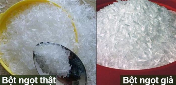 So sánh hạt bột ngọt thật và giả thấy ngay sự khác biệt.