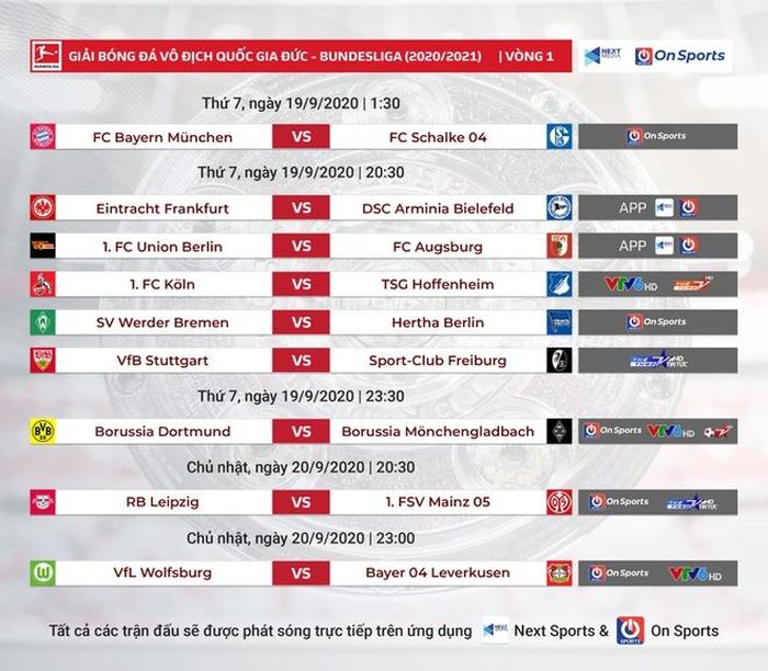  Lịch phát sóng vòng một Bundesliga. 