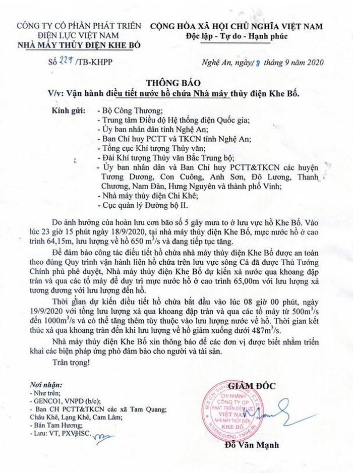Thông báo xả lũ của Nhà máy Thủy điện Khe Bố.
