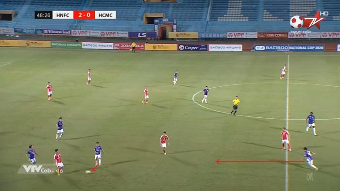  Hậu vệ trái của CLB Hà Nội sẵn sàng bứt tốc lên cao để pressing và chặn đường chuyền của đối thủ ngay khi thấy Quang Hải không thể áp sát và cướp bóng. 