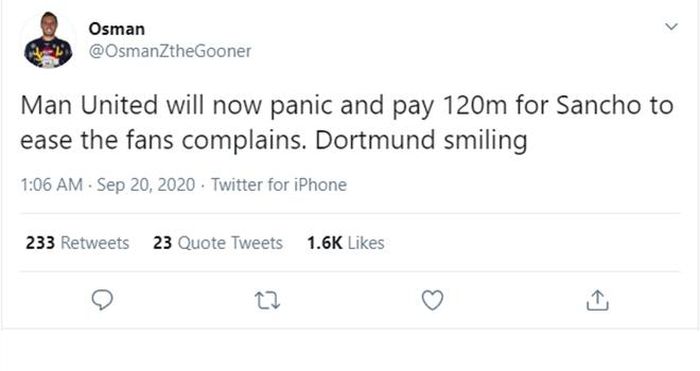 MU sẽ trở nên hoảng loạn và chi 120 triệu (euro) cho Sancho để xóa đi những chỉ trích của CĐV. Dortmund chắc hẳn đang vui lắm