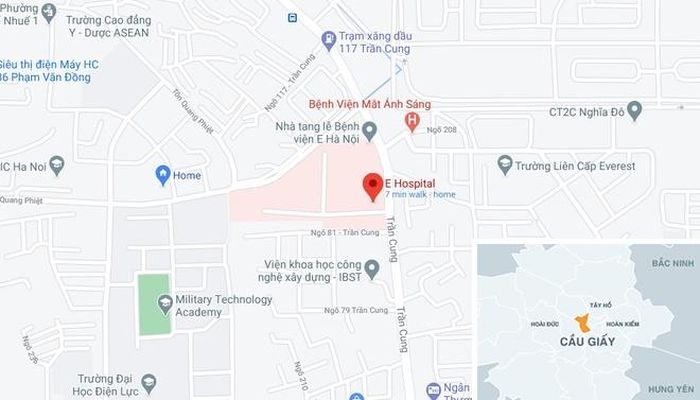 Bệnh viện E (chấm đỏ), nơi diễn ra sự việc. Ảnh: Google Maps.