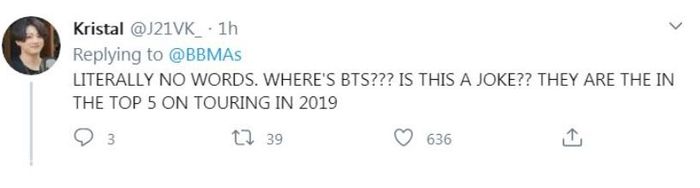 "Không còn lời nào để nói. BTS đâu? Đây là chuyện đùa sao? Họ có tên trong top 5 tour diễn thành công 2019 cơ mà"