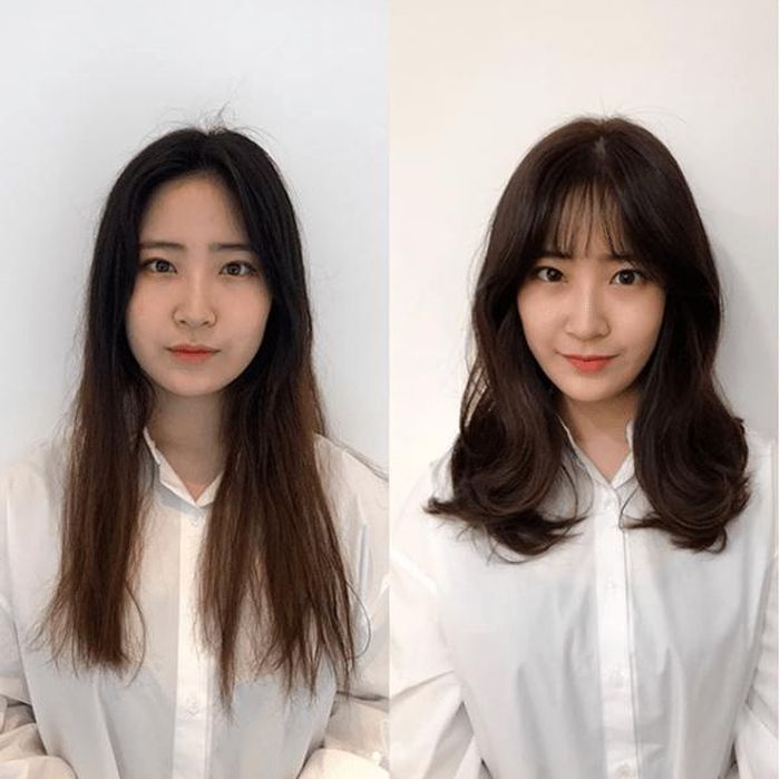 Với khuôn mặt vuông vức, không còn gì ấn tượng hơn là kiểu tóc mái ngang tỉa mỏng được uốn xoăn nhẹ, chiều dài chạm chân mày.
