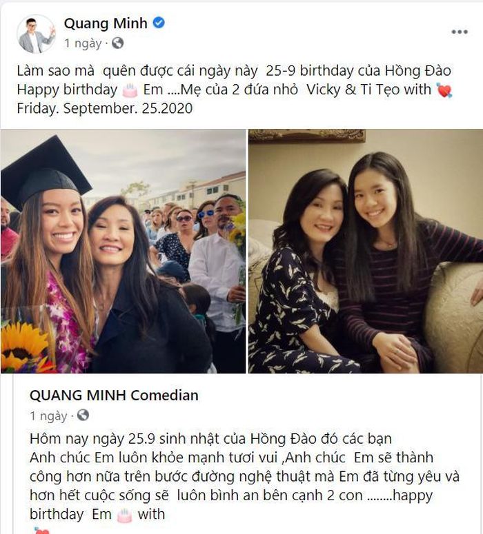Quang Minh dành lời chúc mừng sinh nhật chân tình cho Hồng Đào.