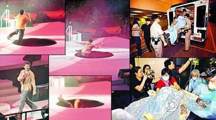 Giọng ca gạo cội Lâm Tử Tường trong đêm nhạc của ca sĩ Uông Minh Thuyên tại Hong Kong vào năm 2003 vì thiếu chú ý đã ngã xuống hố sâu 2 m. Do đầu đập xuống đất, có dấu hiệu nôn mửa nên ông buộc phải cáo lỗi khán giả và người đồng nghiệp thân thiết để nhập viện kiểm tra y tế. Ảnh: On.