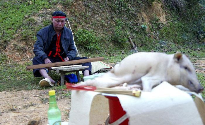 Tiếp đó, thầy cúng làm lễ cho các thanh niên ngồi bên cạnh rồi họ lần lượt nhảy vào đống than lửa rực hồng với bàn chân, tay trần cùng với tiếng hò reo cổ vũ của mọi người.
