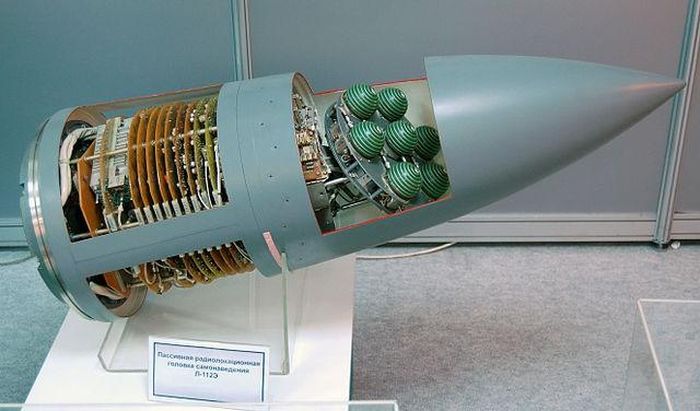 Tên lửa Kh-31P có trọng lượng nhẹ và sẽ là lựa chọn lý tưởng cho máy bay chiến đấu Su-30SM thực hiện các cuộc tấn công bão hòa; đồng thời Kh-31P cũng có thể được sử dụng cùng với R-77 để thực hiện các nhiệm vụ trên không và trên bộ cùng lúc. Ảnh: Đầu tự dẫn của tên lửa Kh-31P – Nguồn: Wikipedia