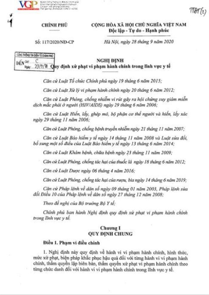 Nghị định số 117/2020/NĐ-CP quy định xử phạt vi phạm hành chính trong lĩnh vực y tế