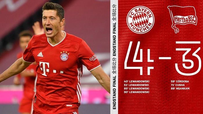 Cú poker của Lewandowski giúp Bayern thắng siêu kịch tính