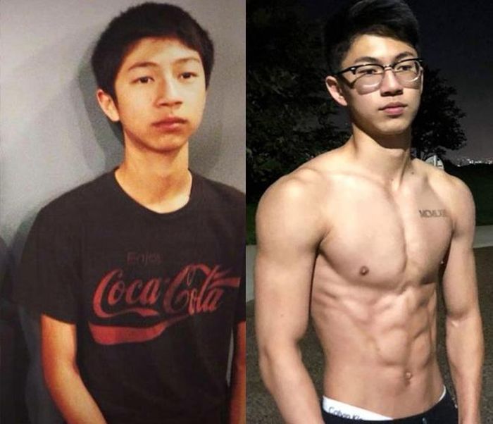  Tài khoản rryanchow hào hứng đăng bức ảnh so sánh sự thay đổi sau 2 năm miệt mài tập gym. Anh nhận nhiều lời khen ngợi về thân hình chuẩn, cơ bụng 6 múi ở hiện tại. Ảnh: @rryanchow. 