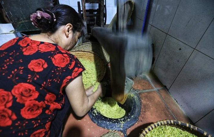 Thứ quà quê mang đậm chất mùa thu Hà Nội vốn bình dân nhưng để làm ra từng hạt cốm lại vô cùng vất vả, đòi hỏi sự kiên nhẫn và tỉ mỉ. Đầu tiên là chọn lúa nếp, kế đến là tách vỏ, sàng trấu đến những công đoạn cuối cùng ra thành phẩm. 